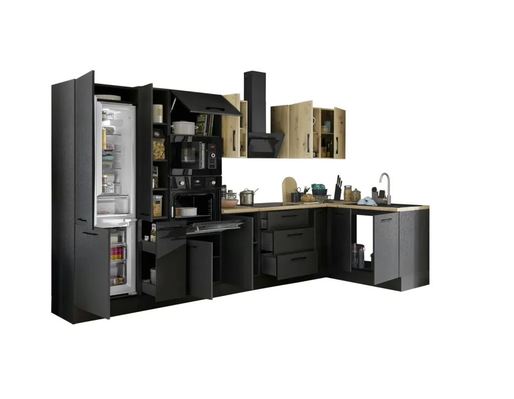 Bega BBK Cuisines Équipées|Afficher Blocs Cuisine<Bloc cuisine avec électroménager CORNWALL (cuisine d'angle-four-réfrigérateur-micro-ondes-armoire coulissante) IV