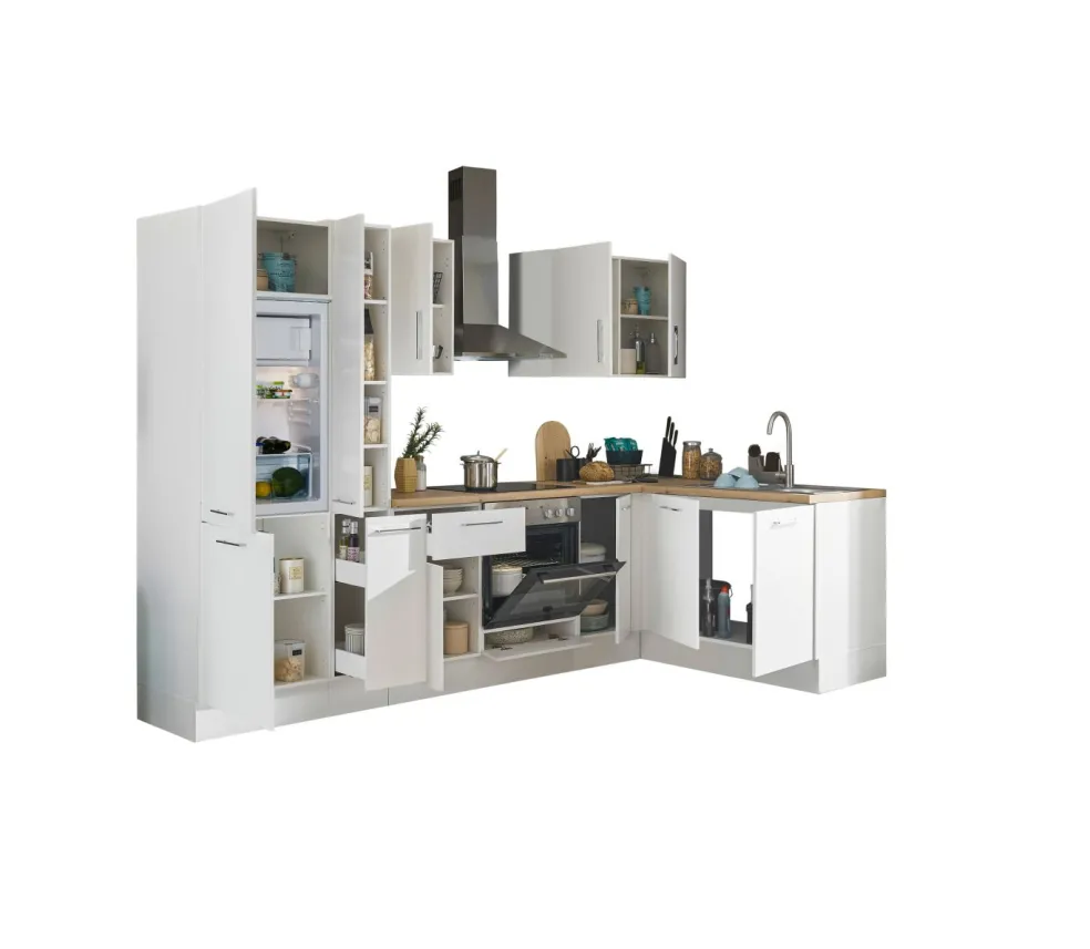 Bloc cuisine avec électroménager CORNWALL (cuisine d'angle-réfrigérateur-armoire coulissante) I