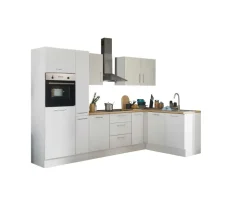 Bloc cuisine avec électroménager CORNWALL (cuisine d'angle-four-réfrigérateur-armoire coulissante) I