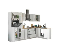 Bloc cuisine avec électroménager CORNWALL (cuisine d'angle-four-réfrigérateur-armoire coulissante) I