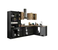 Bloc cuisine avec électroménager CORNWALL (cuisine d'angle-four-micro-ondes-armoire coulissante) III