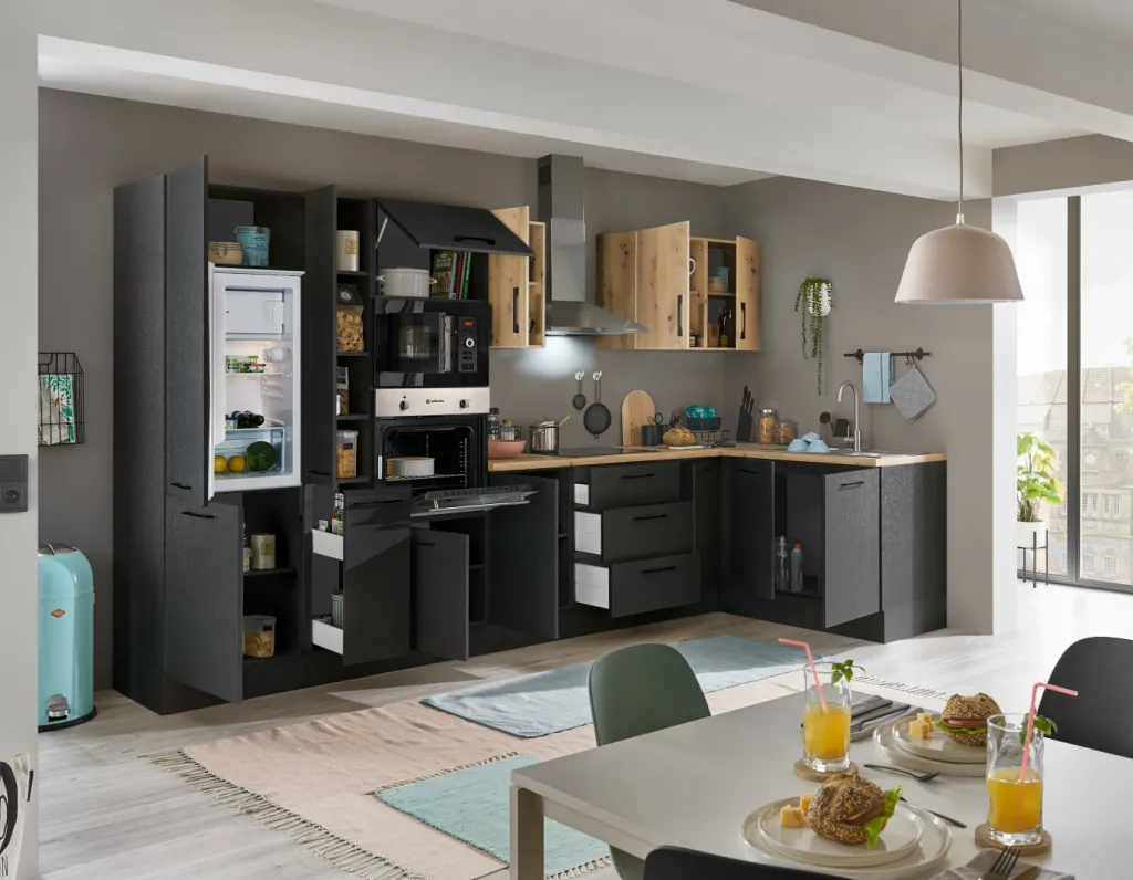 Bega BBK Cuisines Équipées|Afficher Blocs Cuisine<Bloc cuisine avec électroménager CORNWALL (cuisine d'angle-four-réfrigérateur-micro-ondes-armoire coulissante) III